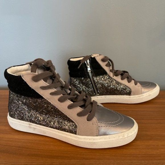 Steve Madden Leather Glitter Hightop Sneakers Size 8 - Picture 3 of 8